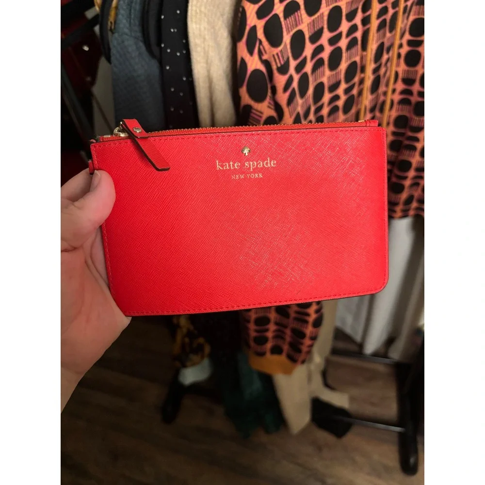 Kate Spade New York Red Saffiano Leather Wristlet Pouch Polka Dot Lining